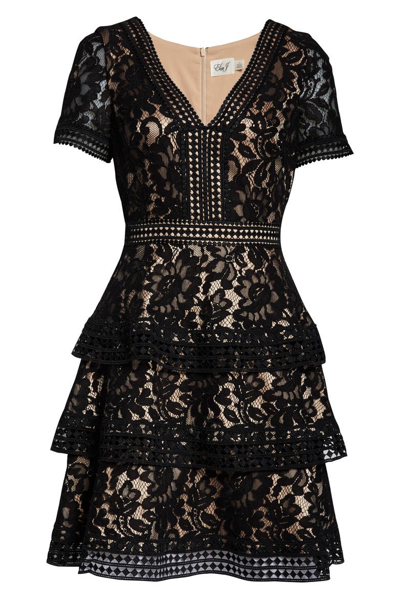 Tiered Lace Fit & Flare Cocktail Dress, Alternate, color, BLACK