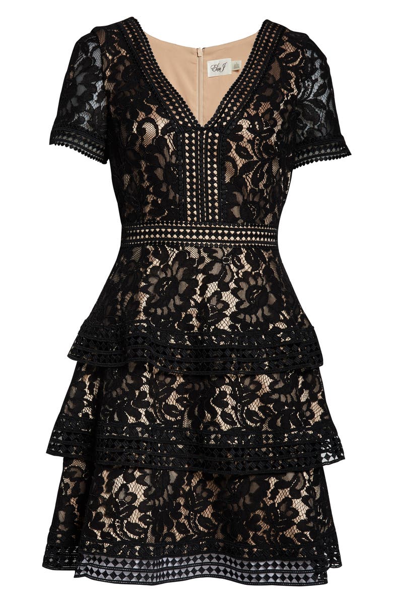 Eliza J Tiered Lace Fit & Flare Cocktail Dress, Alternate, color, 