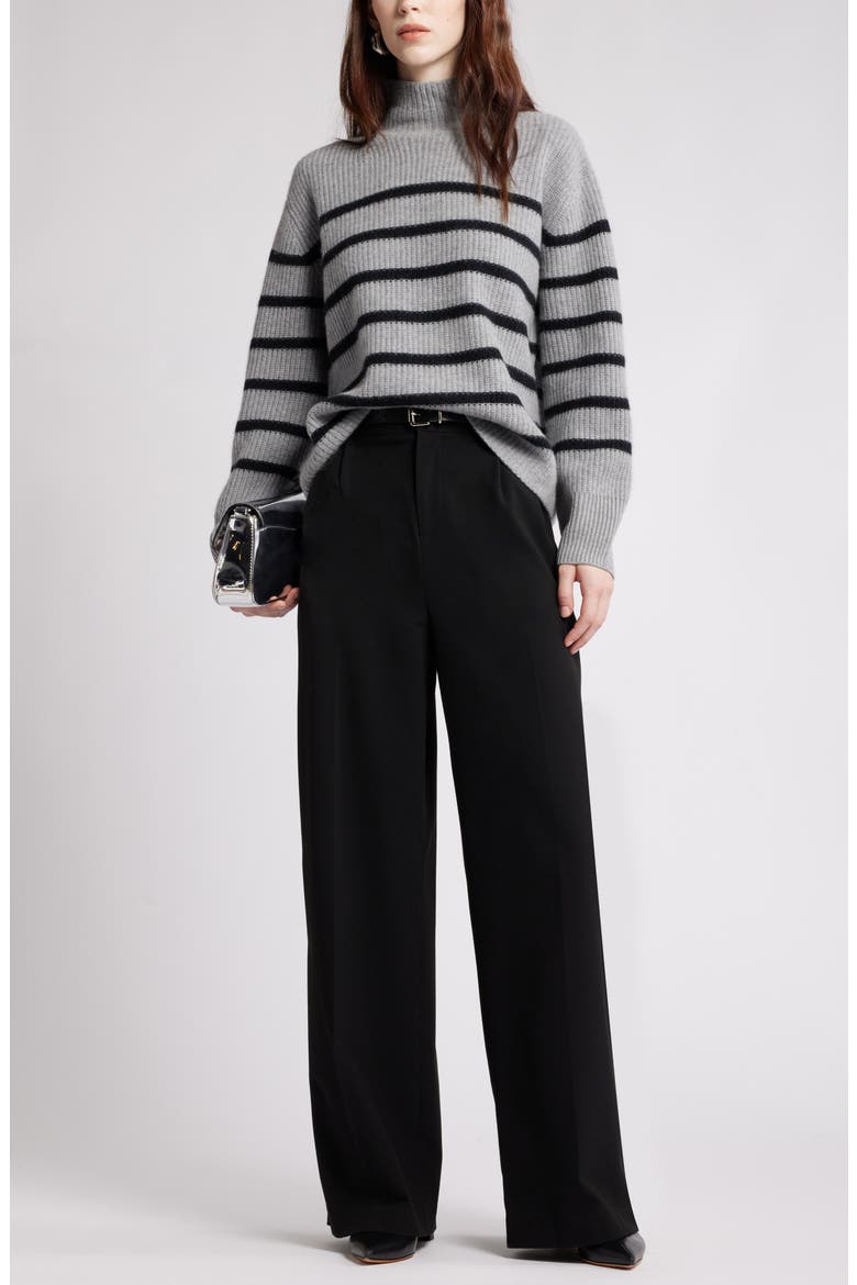 Stripe Cashmere Mock Neck Sweater, Alternate, color, GREY HEATHER- BLACK STRIPE