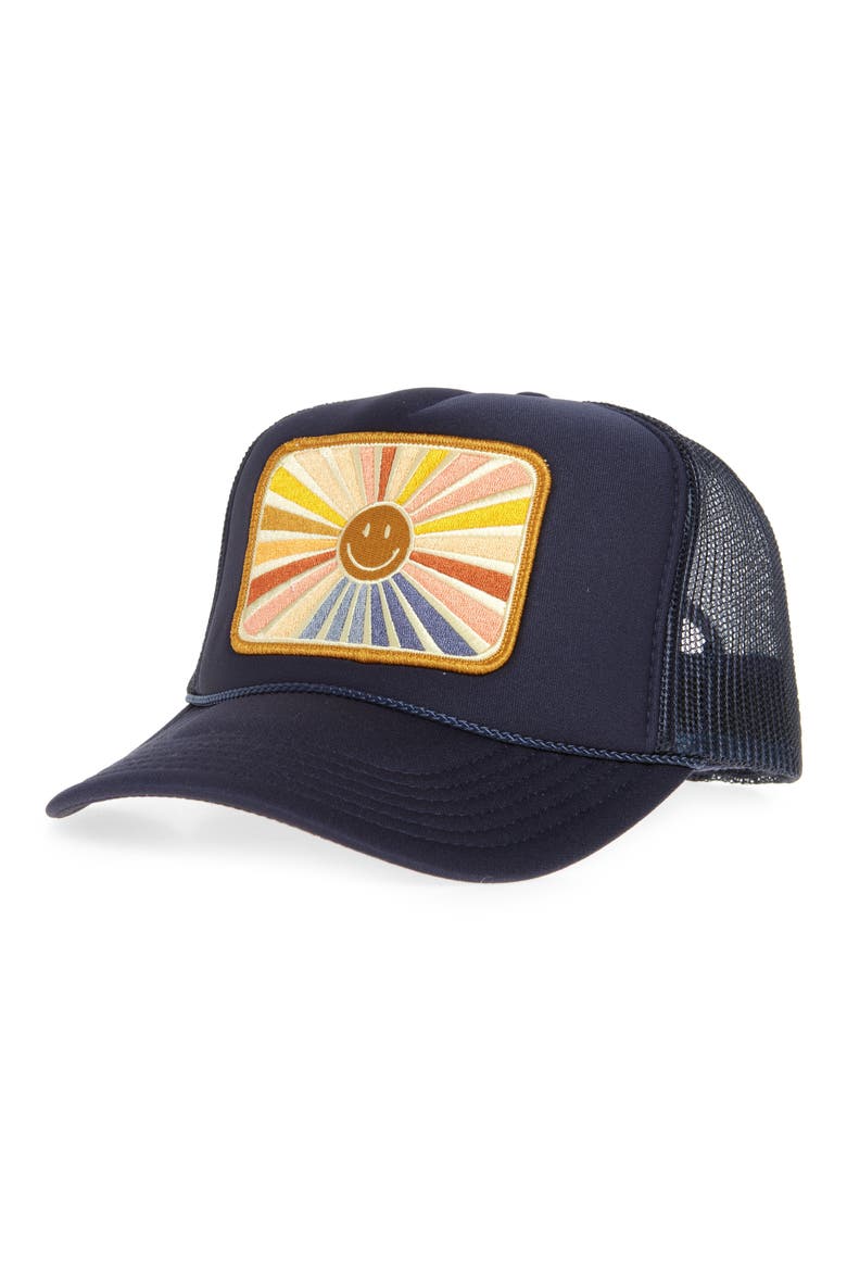 Sunray Smile Patch Trucker Hat, Main, color, NAVY