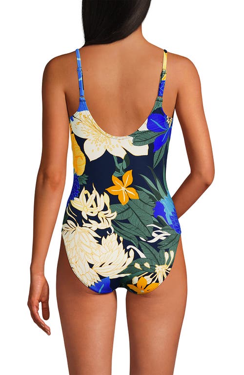 Lands' End Chlorine Resistant Scoop Neck High Leg Tugless Tank Thin Strap One Piece Swimsuit Adjusta In Navy Multi Floral Blooms