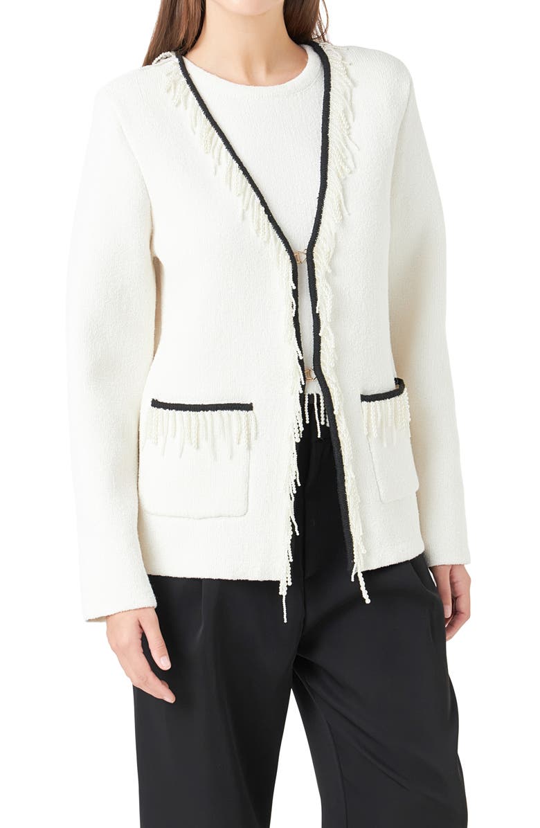Endless Rose Imitation Pearl Trim Cardigan, Alternate, color, Cream