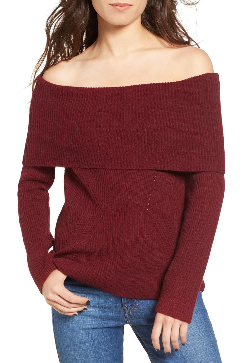 Off the Shoulder Rib Knit Sweater, Main, color, WINE