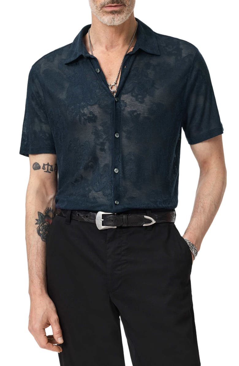 John Varvatos Biaggio Jacquard Mesh Short Sleeve Button-Up Shirt, Main, color, Deep Blue