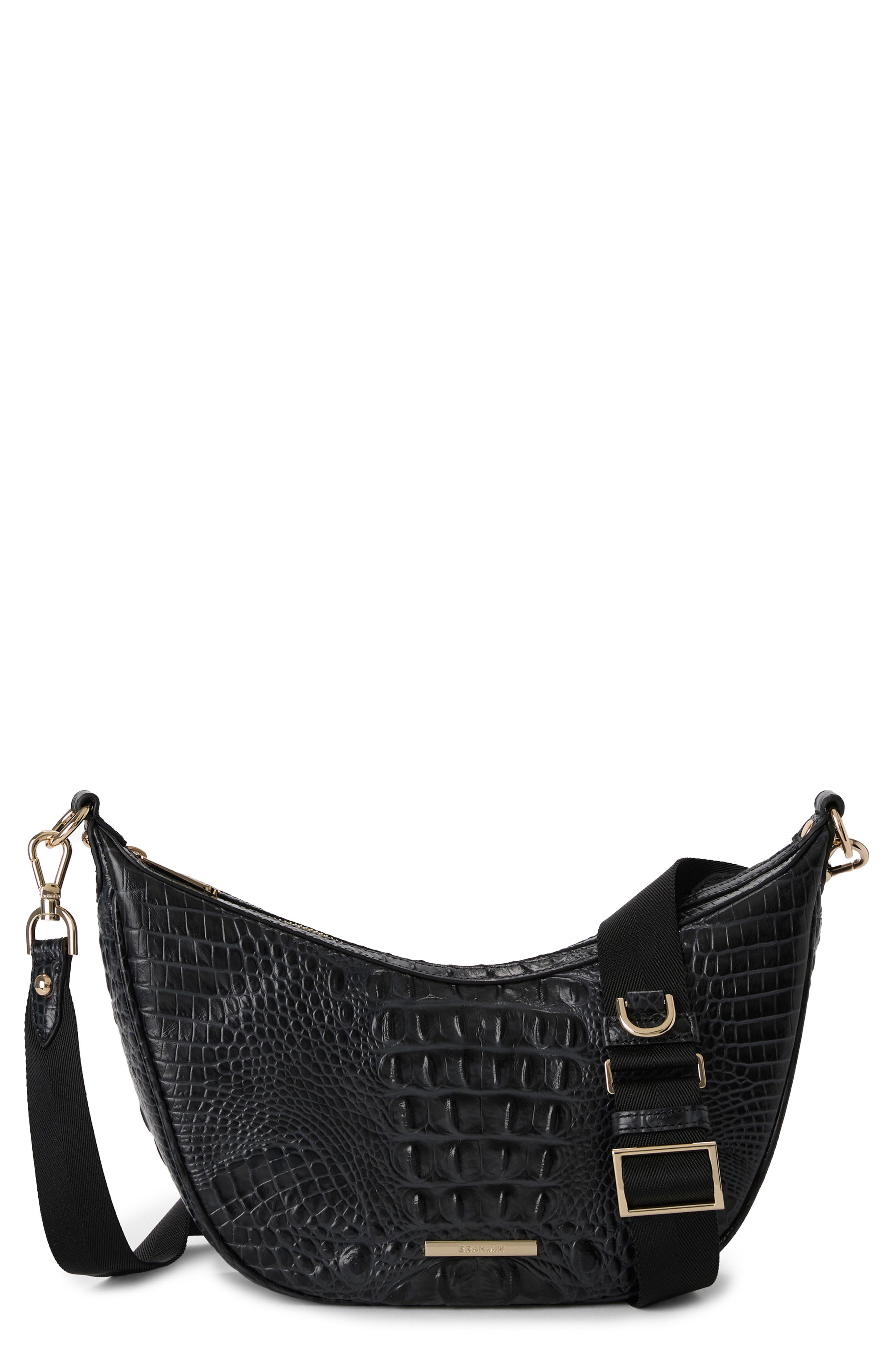 Brahmin Percy Croc Embossed Leather Shoulder Bag, Main, color, Black Alden Road
