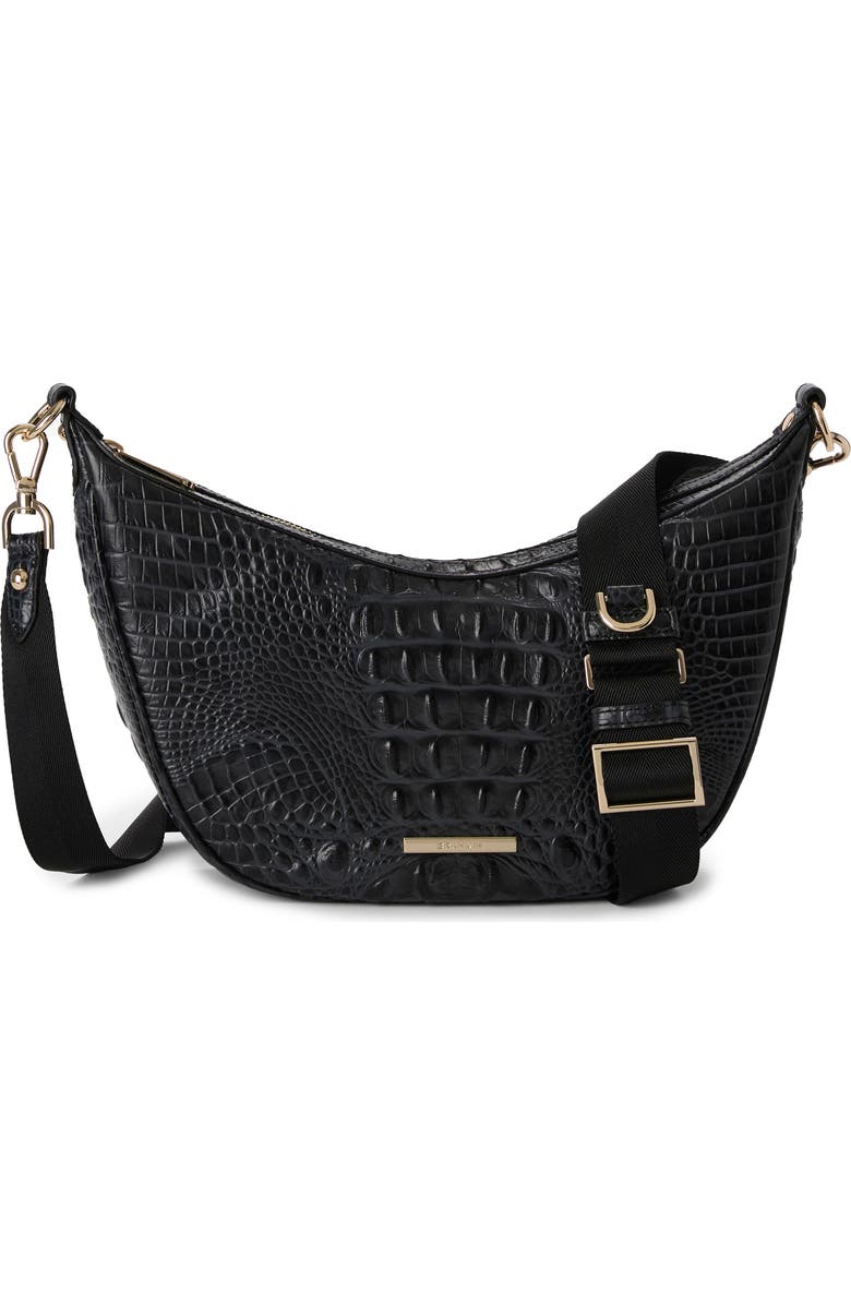Brahmin Percy Croc Embossed Leather Shoulder Bag, Main, color, Black Alden Road