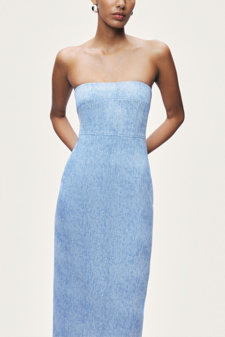 Stone-Detail Strapless Midi Dress, Alternate, color, Blue