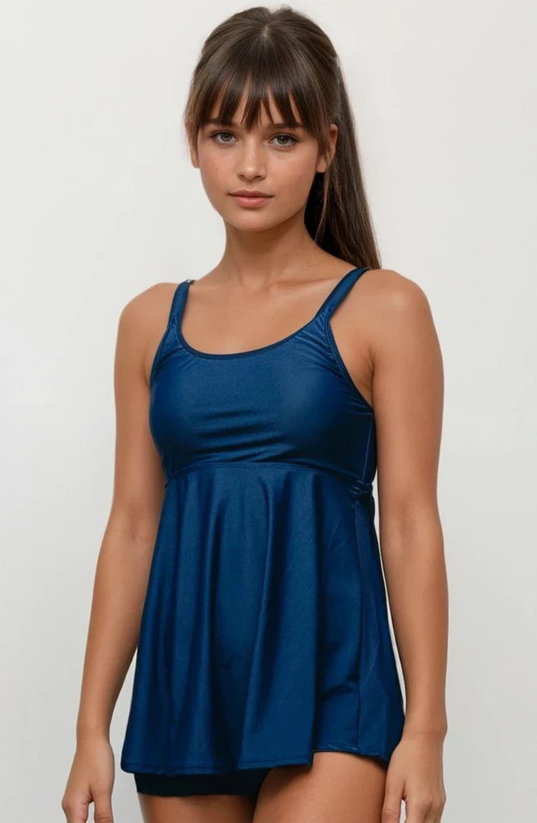 Calypsa Plus Size Amber Flared Tankini Swim Top With Adjustable Straps and Removable Cups, Alternate, color, Navy