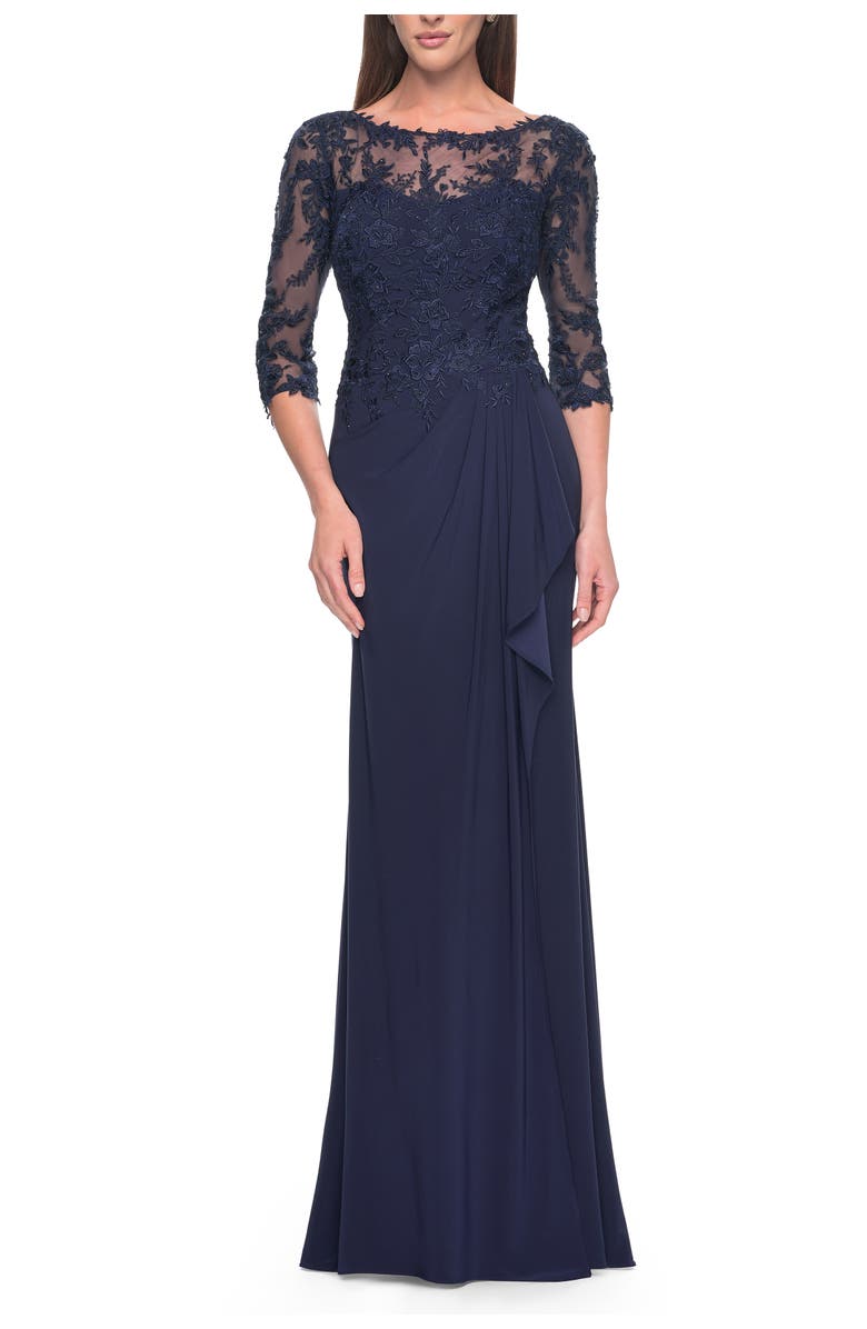 La Femme Long Evening Gown with Lace Illusion Sleeves and Neckline, Alternate, color, Navy