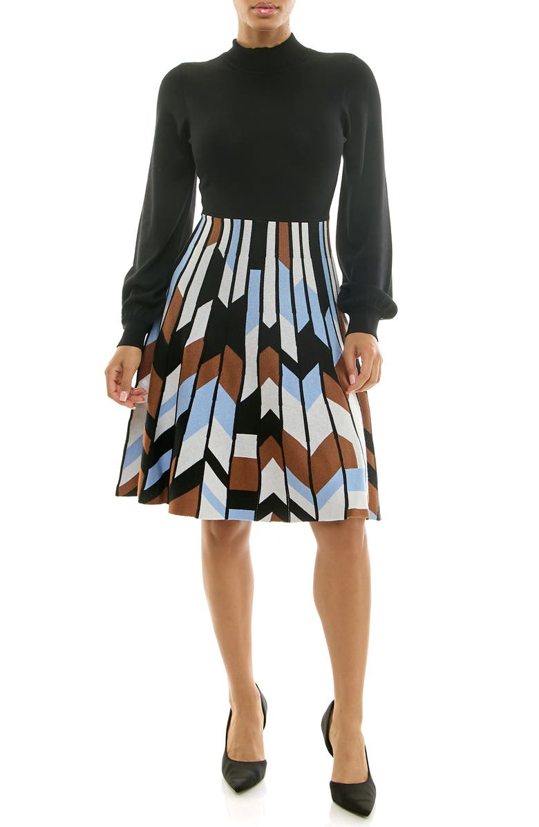 Nina Leonard Mock Neck Long Sleeve Sweater Dress, Main, color, Black Multi