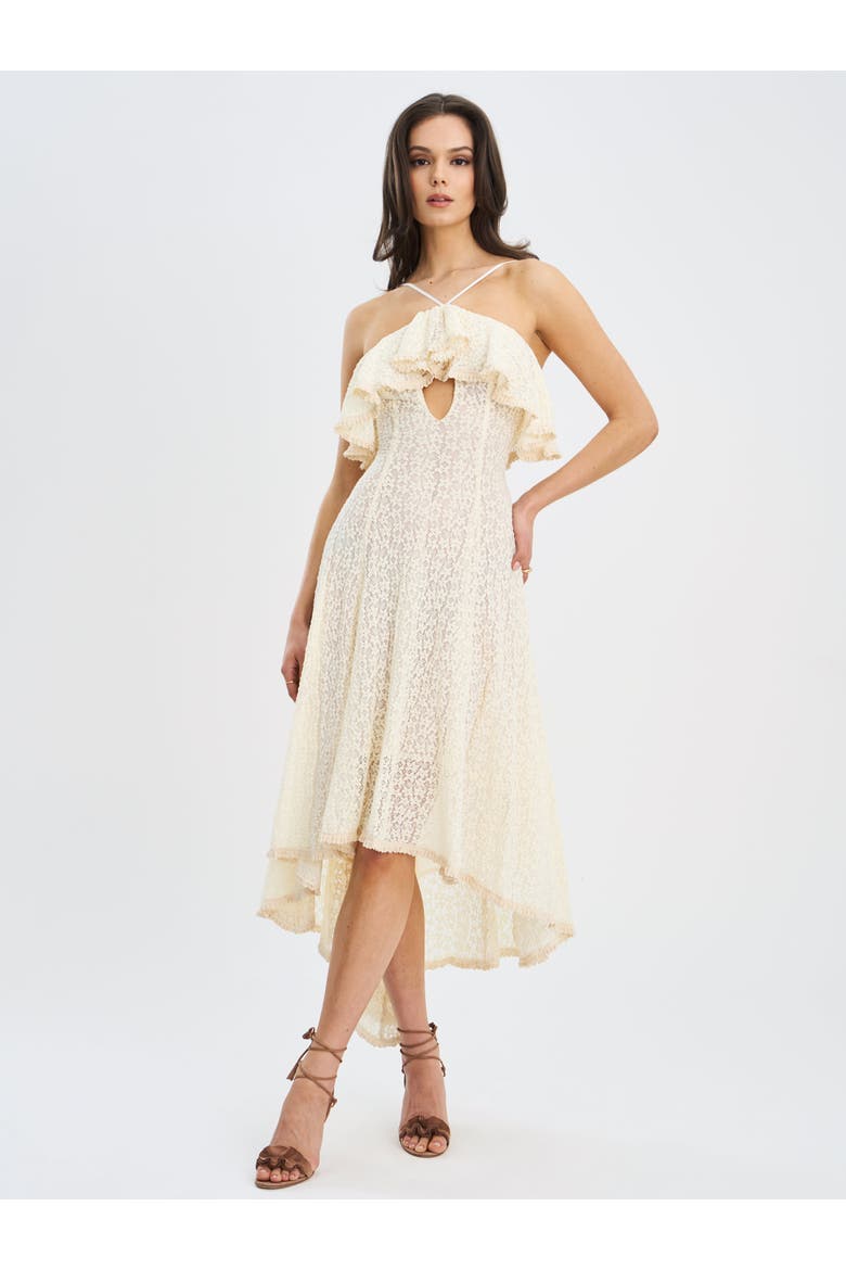 Idra Lace Trim Sleeveless Crochet Midi Trailing Dress, Alternate, color, Soft beige floral crochet