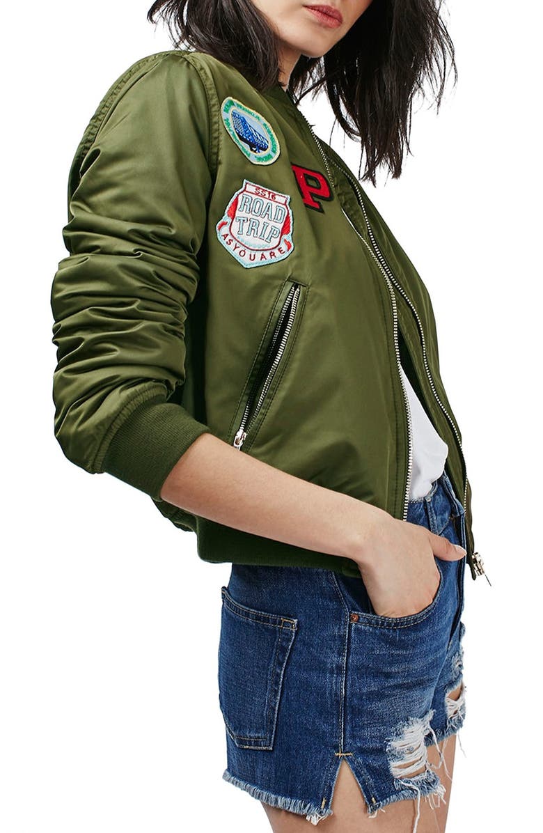 Topshop 'Bruce' Patch Detail MA1 Bomber Jacket, Main, color, 