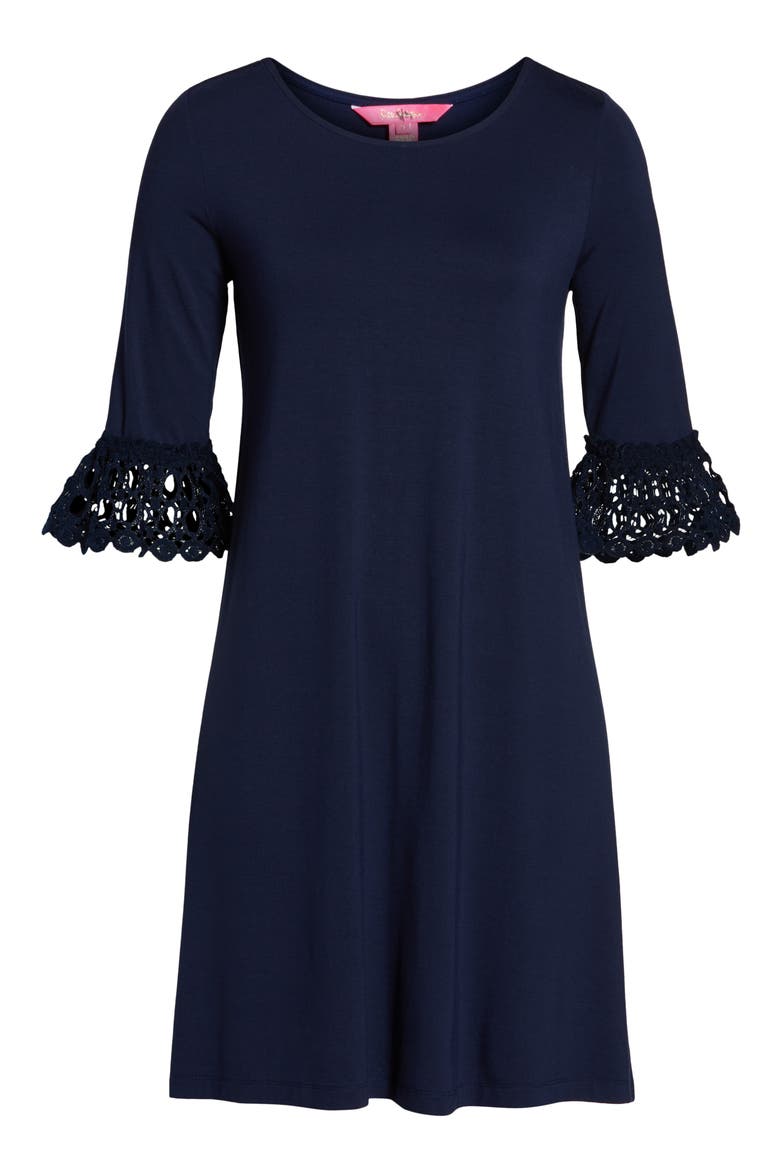 Ophelia Crochet Cuff Shift Dress, Alternate, color, TRUE NAVY
