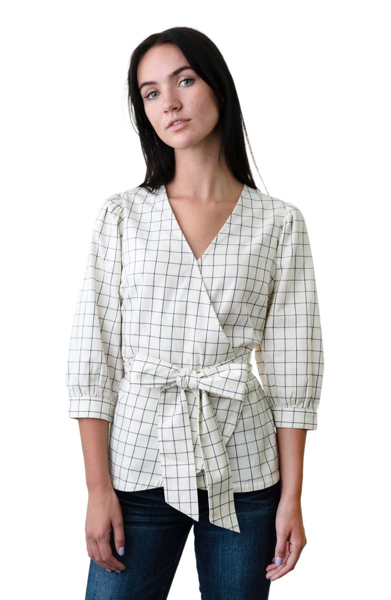 Hope 
Henry Women
s Organic Puff Sleeve Wrap Top, Alternate, color, Ivory And Navy Windowpane