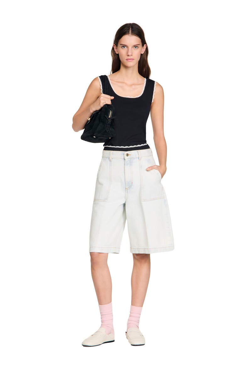 Beaded embroidered cotton vest top, Alternate, color, Black