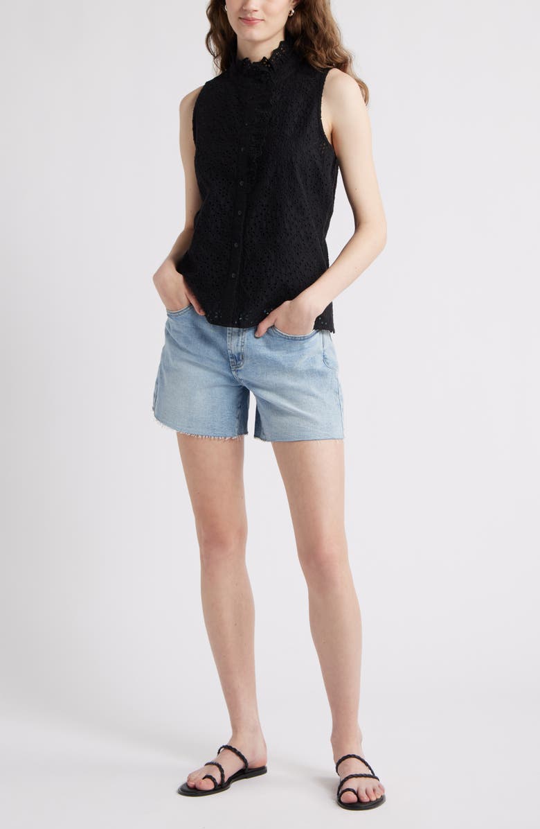 Caslon<sup>®</sup> Ruffle Eyelet Sleeveless Button-Up Shirt, Alternate, color, Black