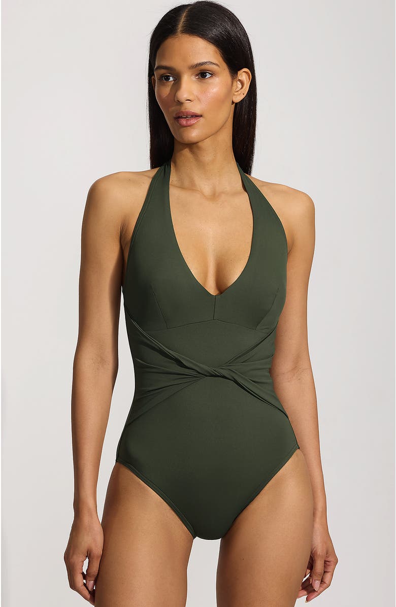 Lands' End Sculpting Suit Plunge Halter High Leg One Piece Swimsuit, Main, color, Rich Olive Green