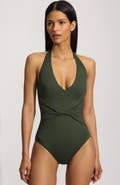Lands' End Sculpting Suit Plunge Halter High Leg One Piece Swimsuit