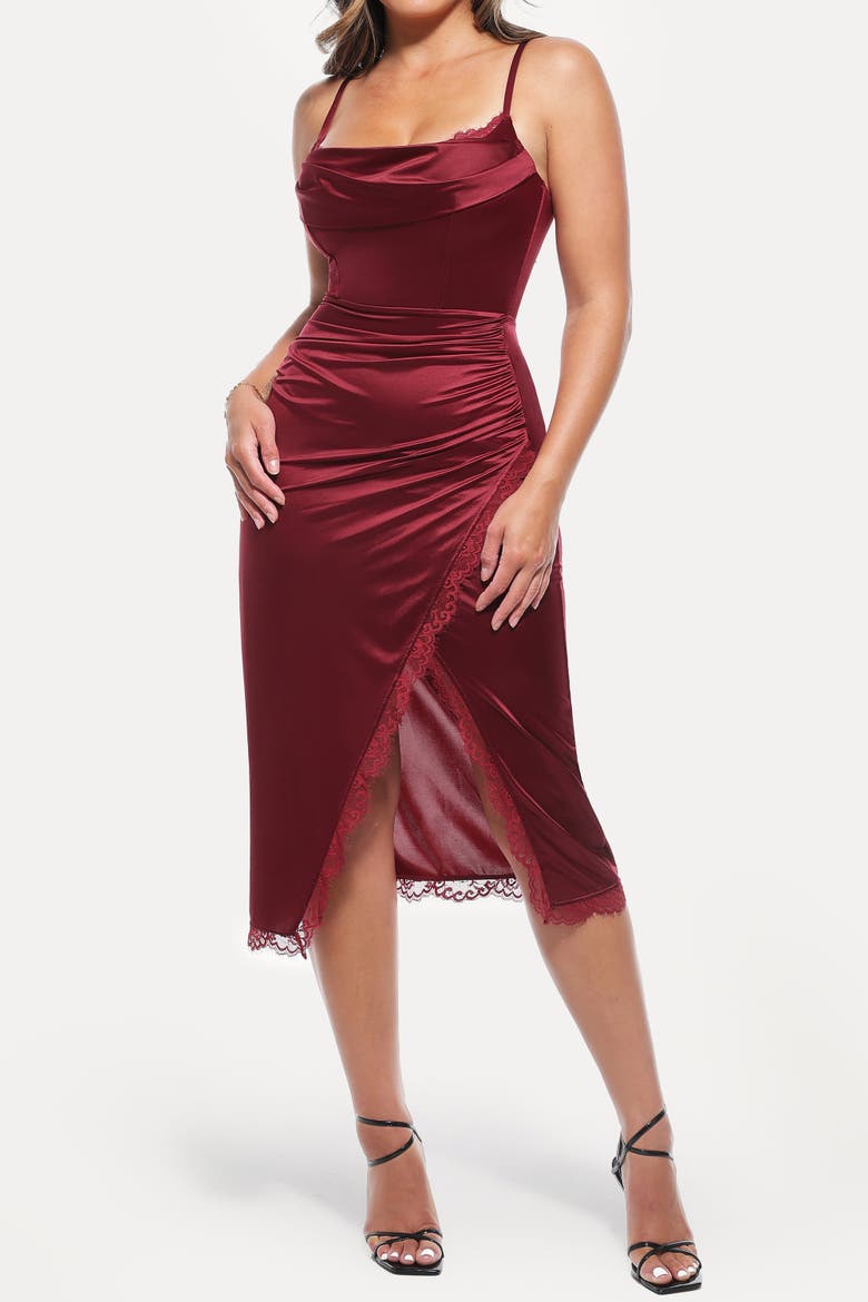 Resort-Ready Lace Trim Sculpting Floral-Print Midi Shaper Dress, Alternate, color, Mahogany Red