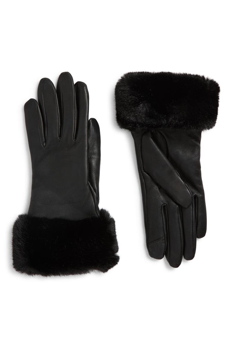 Faux Fur Cuff Tech Gloves, Main, color, CAVIAR