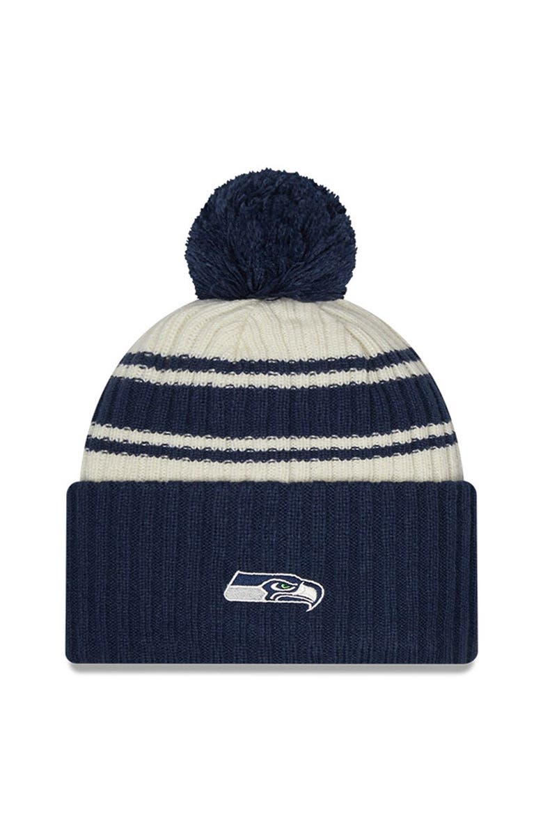 Youth New Era Cream/College Navy Seattle Seahawks 2022 Sideline Sport Cuffed Pom Knit Hat, Alternate, color, Cream