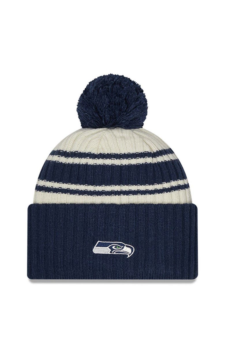 New Era Youth New Era Cream/College Navy Seattle Seahawks 2022 Sideline Sport Cuffed Pom Knit Hat, Alternate, color, Cream