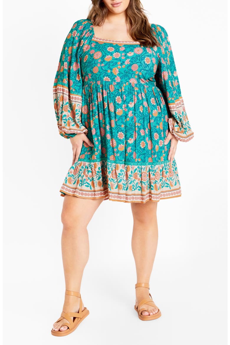 Aurora Long Sleeve Tiered Minidress, Main, color, TURQUOISE