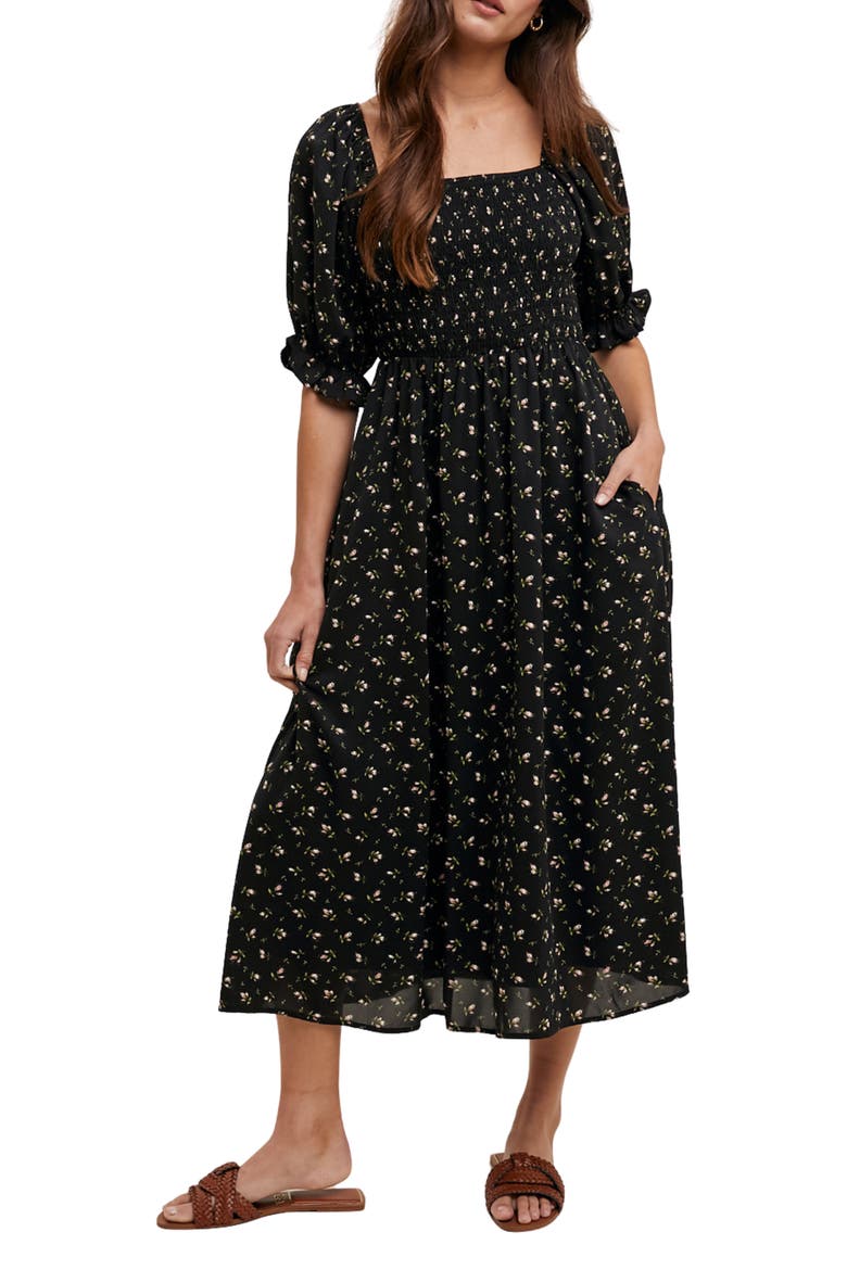 Floral Print Puff Sleeve Midi Dress, Main, color, BLACK/ MAUVE