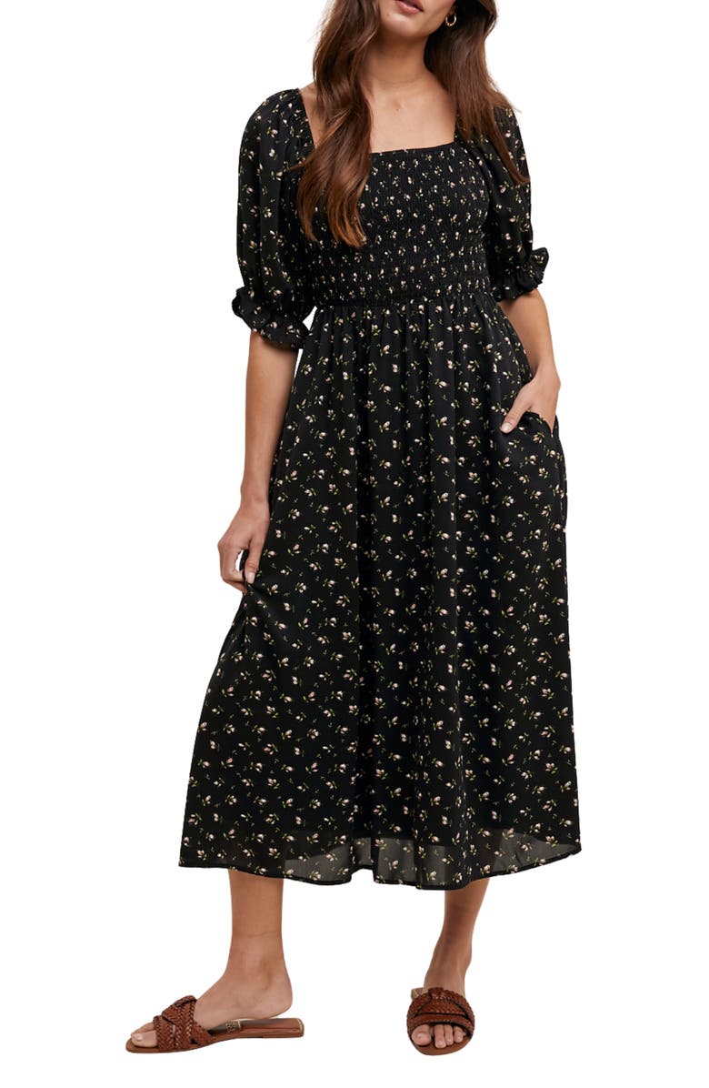 WISHLIST Floral Print Puff Sleeve Midi Dress, Main, color, Black/ Mauve