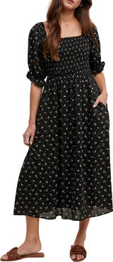WISHLIST Floral Print Puff Sleeve Midi Dress