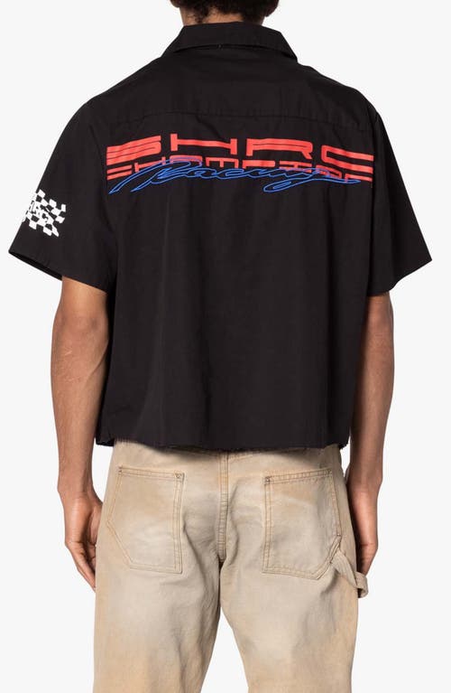 Mnml Shrc Pit Crew Fray Hem Crop Button-up Shirt In Black