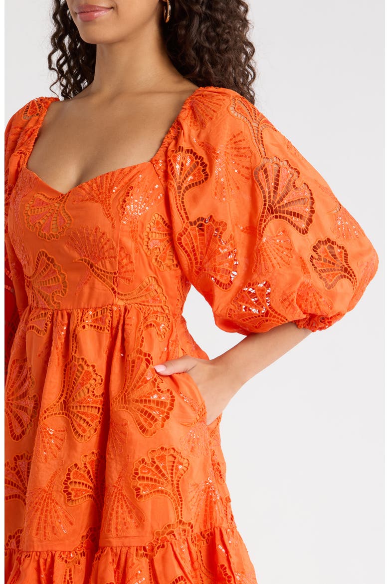 Sequin Detail Cotton Eyelet Babydoll Dress, Alternate, color, ORANGE