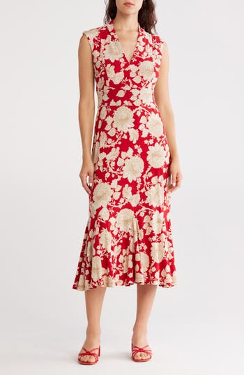 Tommy Hilfiger Cap Sleeve Stretch Jersey Midi Dress In Red