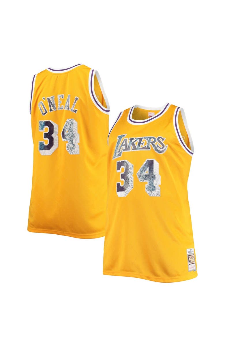 Mitchell & Ness Men's Mitchell & Ness Shaquille O'Neal Gold Los Angeles Lakers Big & Tall 1996-97 NBA 75th Anniversary Diamond Swingman Jersey, Main, color, 