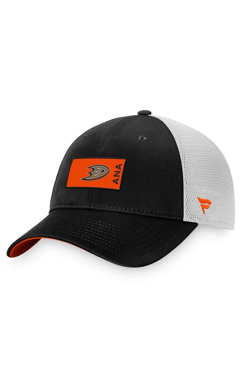 FANATICS Men's Fanatics Branded Black/White Anaheim Ducks Authentic Pro Rink Trucker Snapback Hat, Main, color,