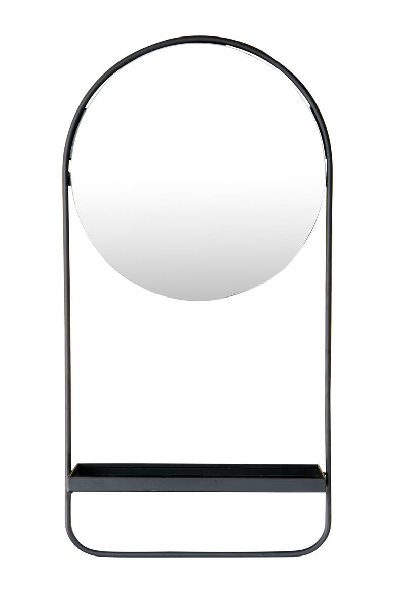 Round Floating Metal Framed Wall Mirror with Shelf, Black, Main, color, Black