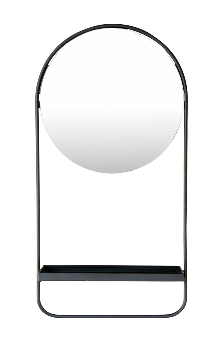 Storied Home Round Floating Metal Framed Wall Mirror with Shelf, Black, Main, color, Black