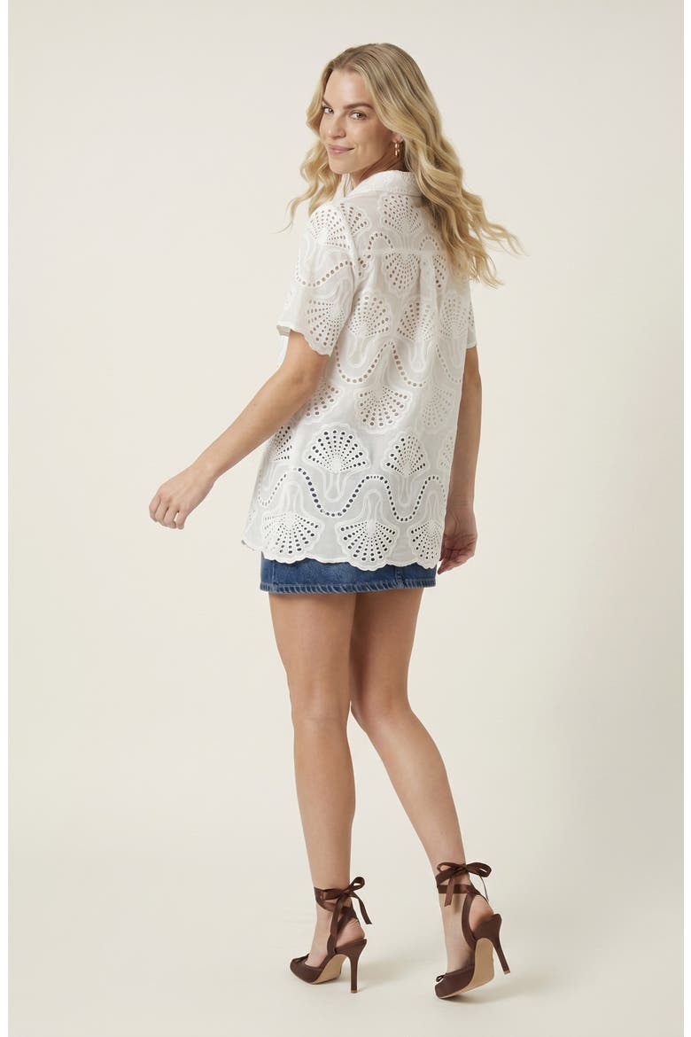 Scalloped Eyelet Shirt with Coastal Shell Motif, Alternate, color, White