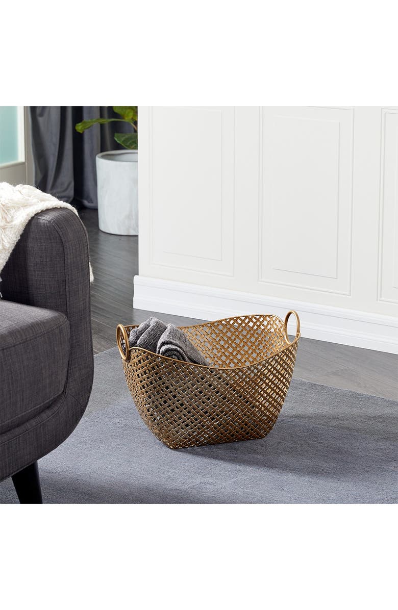 VIVIAN LUNE HOME Large Gold Metal Basket - 16.75" X 11.5, Main, color,