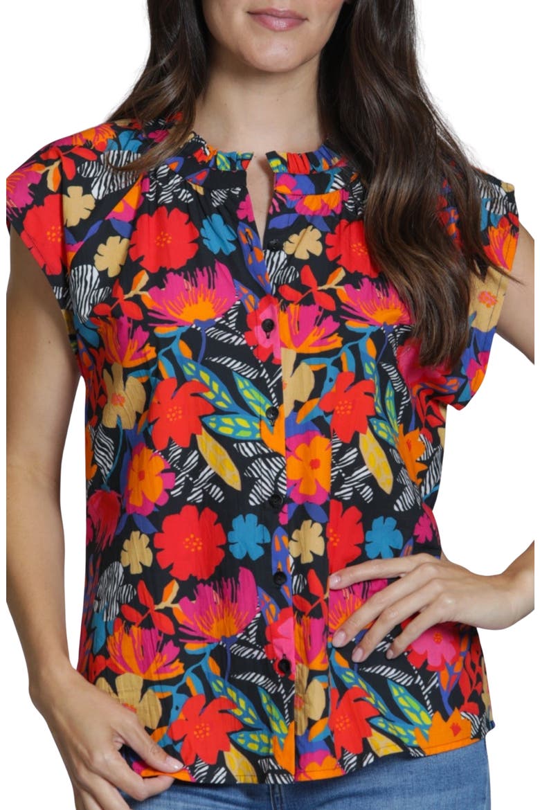 Print Ruffle Neck Top, Main, color, RED MULTI