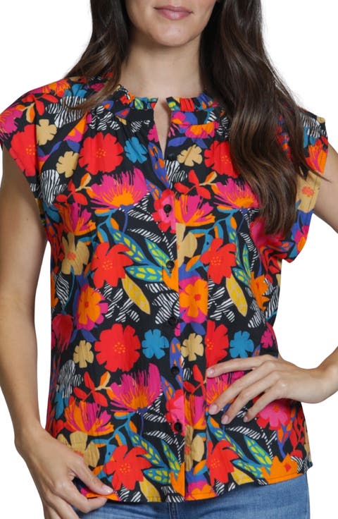 Print Ruffle Neck Top