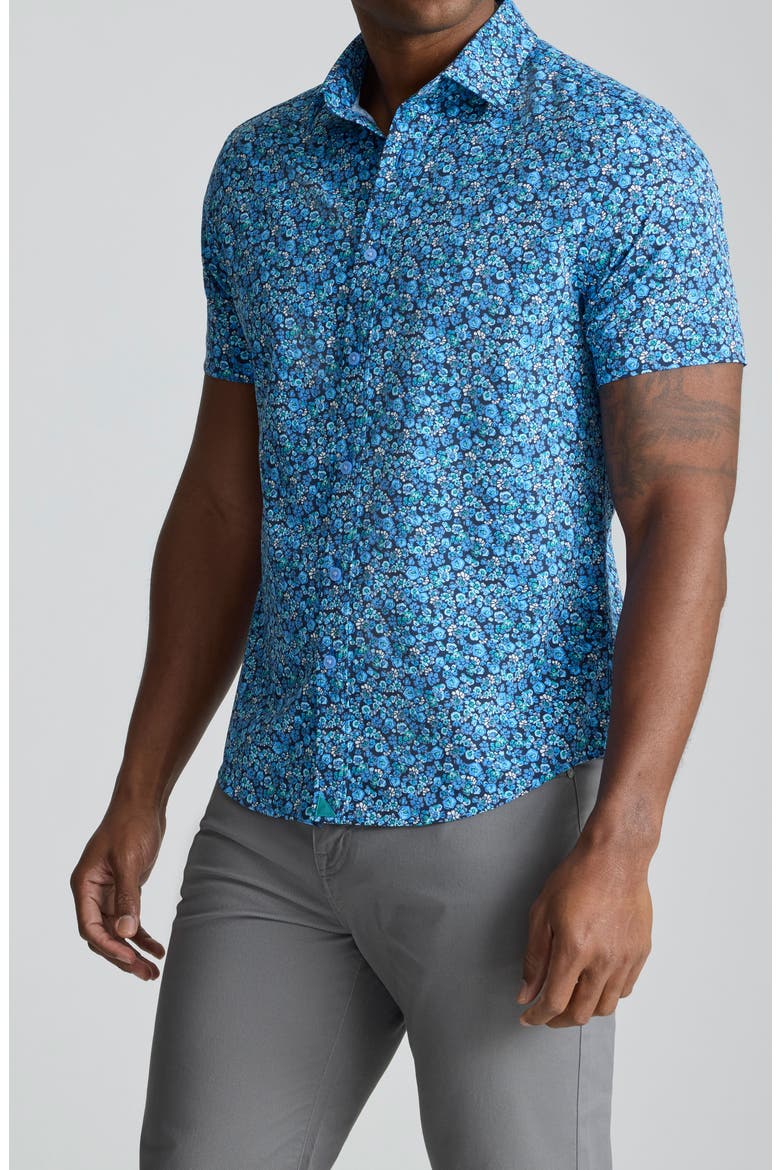 Zamora Floral Short Sleeve Performance Button-Up Shirt, Main, color, BLUE
