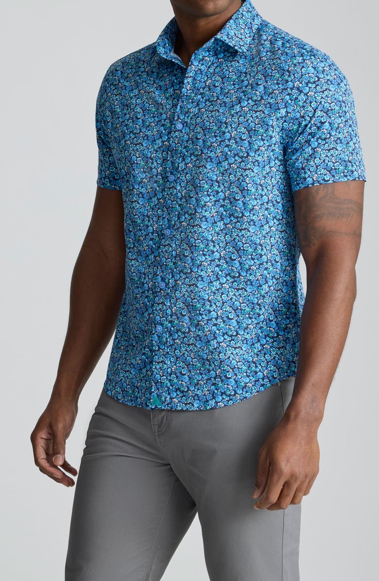 UNTUCKit Zamora Floral Short Sleeve Performance Button-Up Shirt, Main, color, Blue