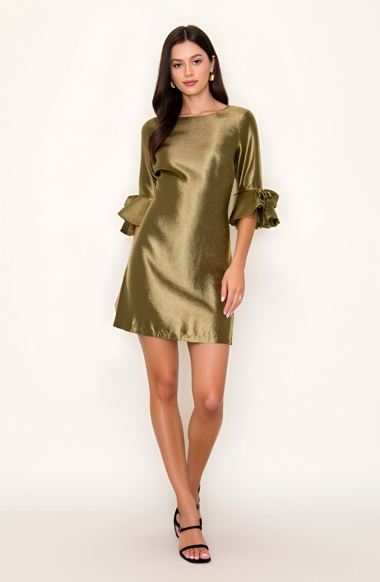 Modenaire Satin Shift Dress with Ruffle Three-Quarter Sleeves, Alternate, color, 