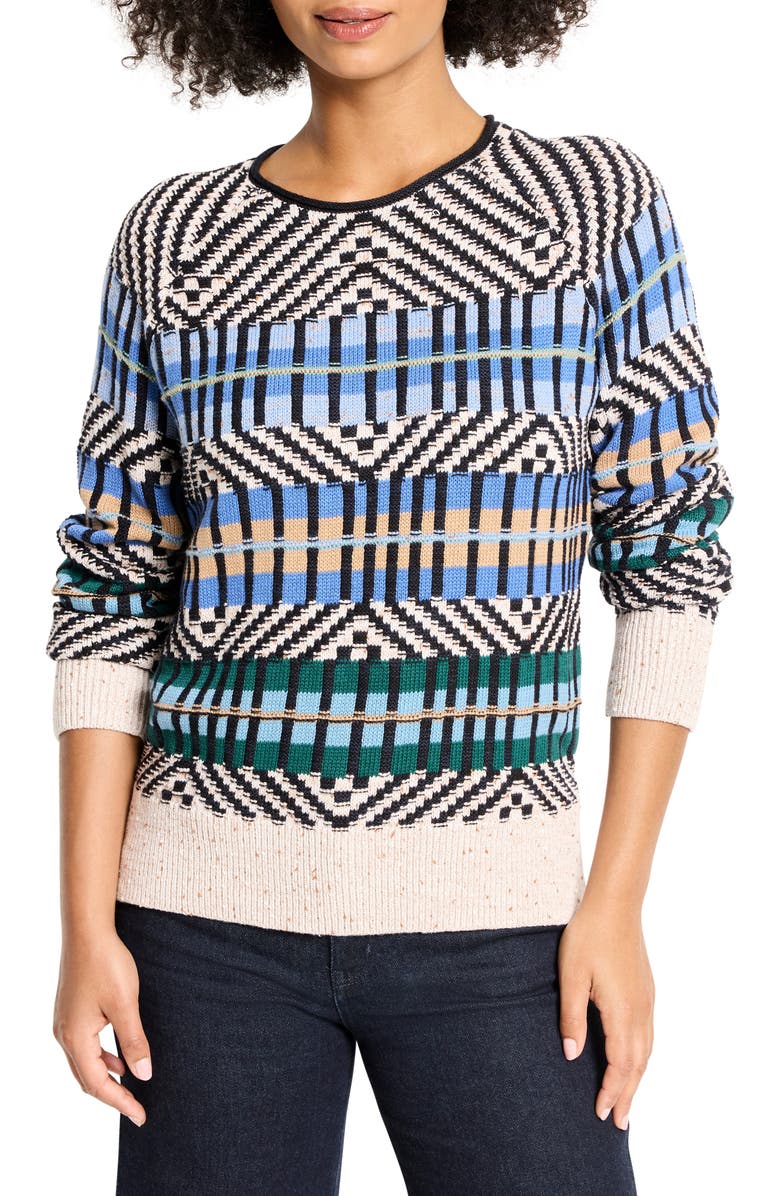 NIC+ZOE Graphic Stripe Cotton Blend Sweater, Main, color, Blue Multi