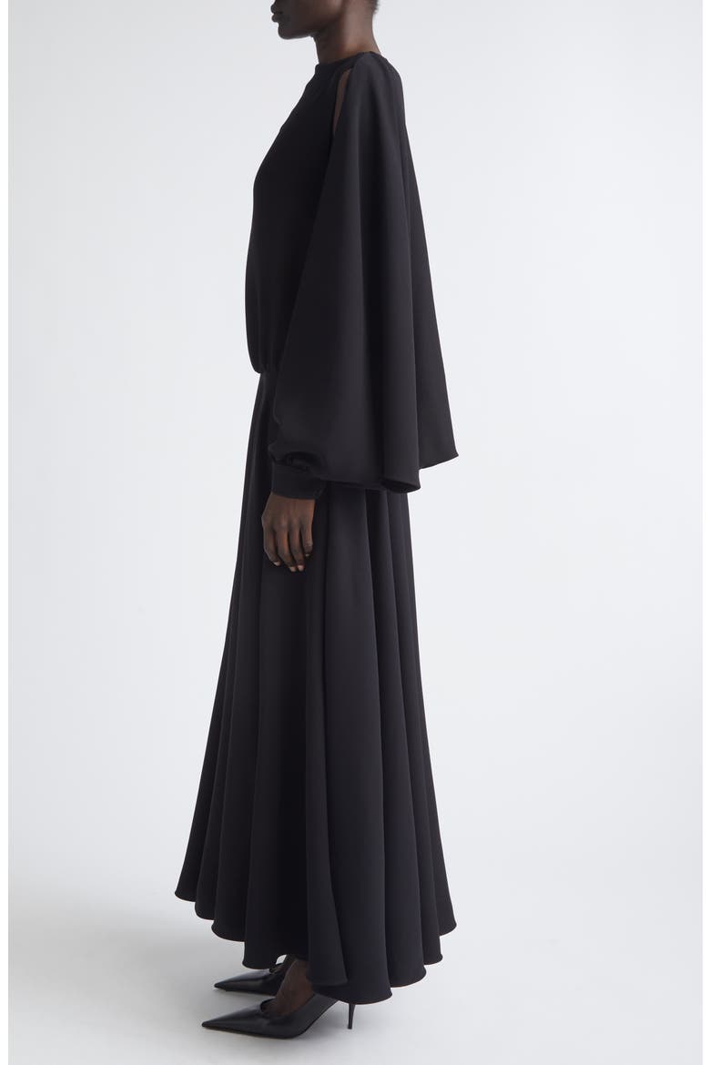 Long Sleeve Silk & Wool Crepe Balloon Dress, Alternate, color, 1000 BLACK