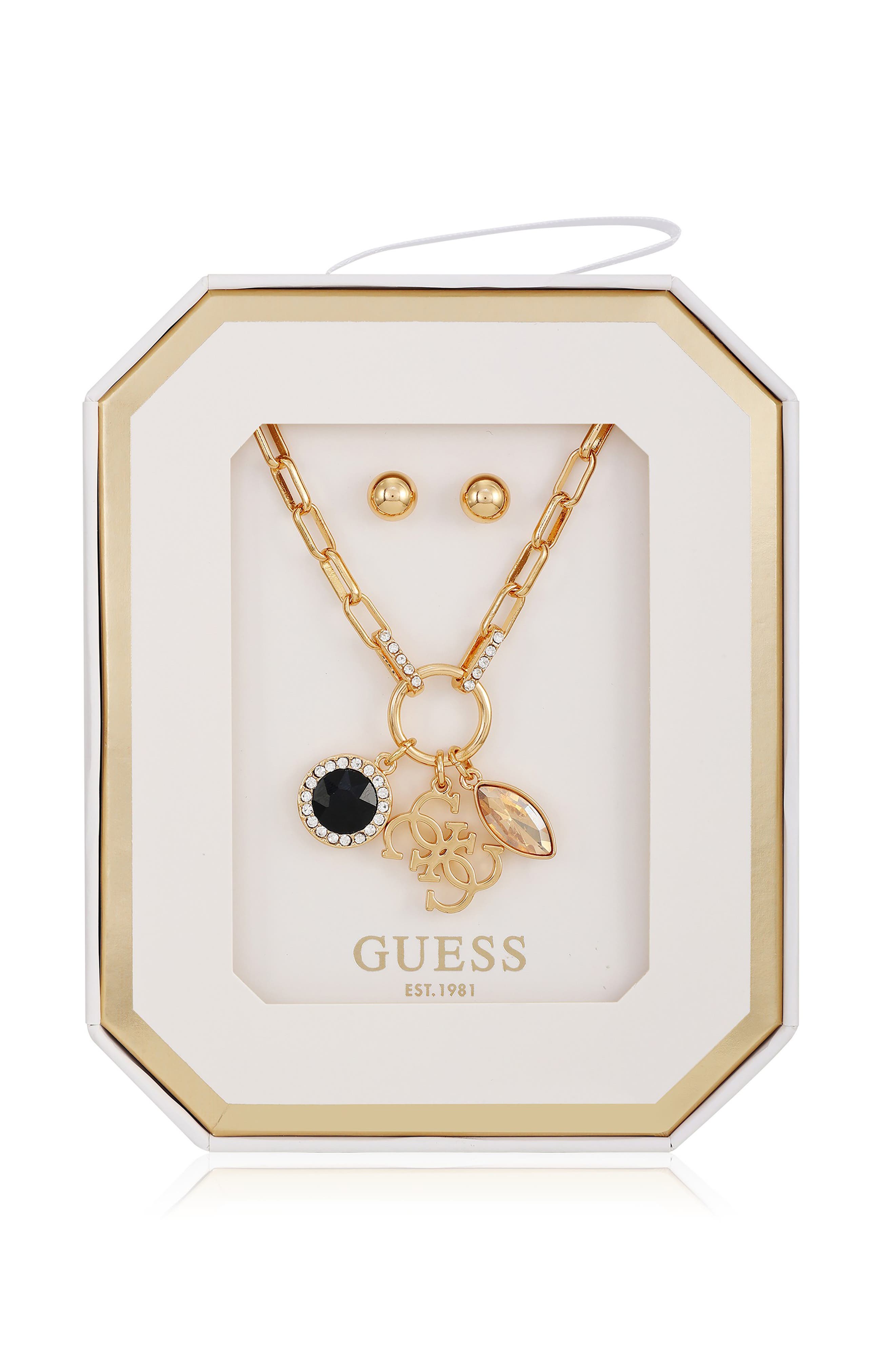 GUESS Charm Necklace & Stud Earrings Set