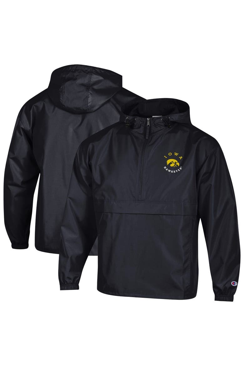 Men's Champion  Black Iowa Hawkeyes Packable Hooded Windbreaker Half-Zip Jacket, Main, color, Black