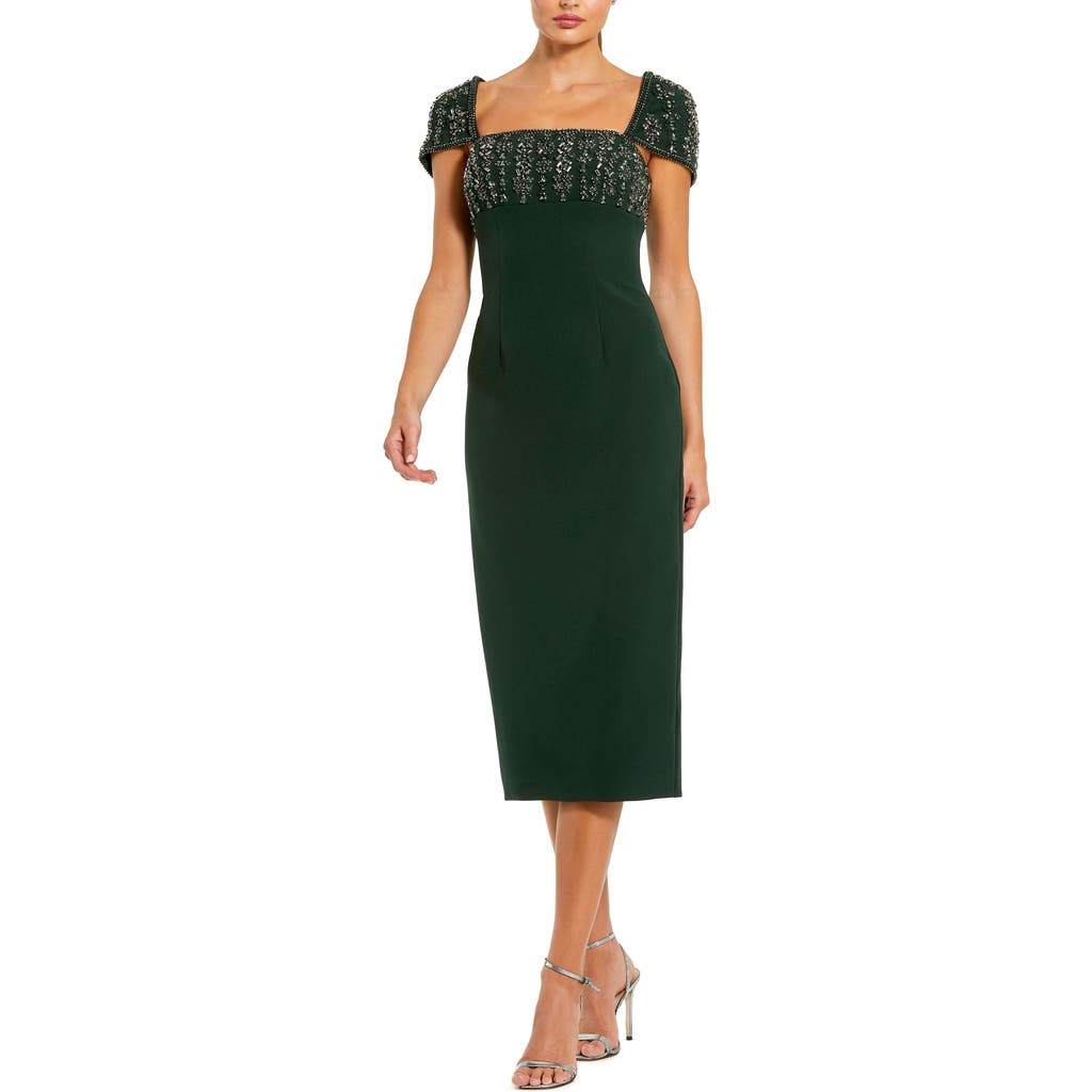 Mac Duggal Women's Crepe Embellished Cap Sleeve Fitted Midi Dress in Dark Emerald at Nordstrom, Size 10