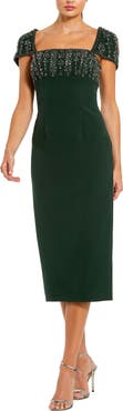 Mac Duggal Women's Crepe Embellished Cap Sleeve Fitted Midi Dress